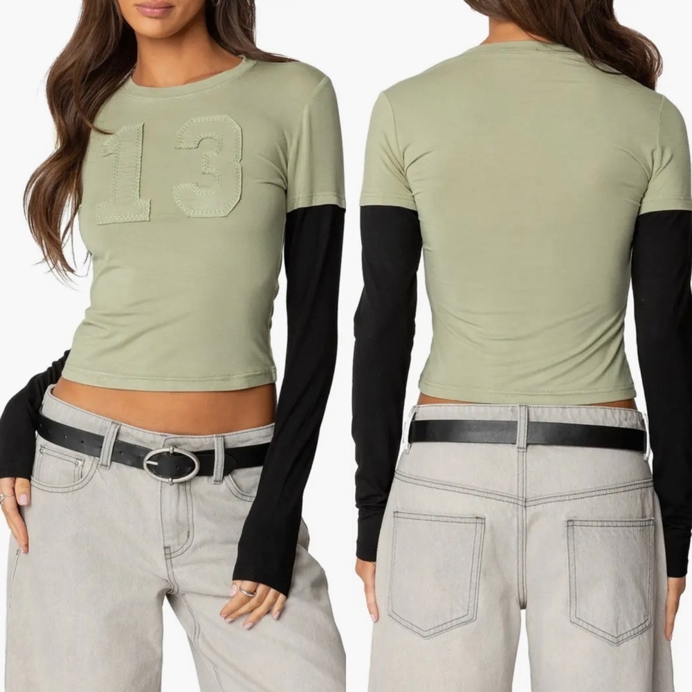New Edikted Contrast Long Sleeve Tee Layered Look Y2K Skater Girl Olive Green